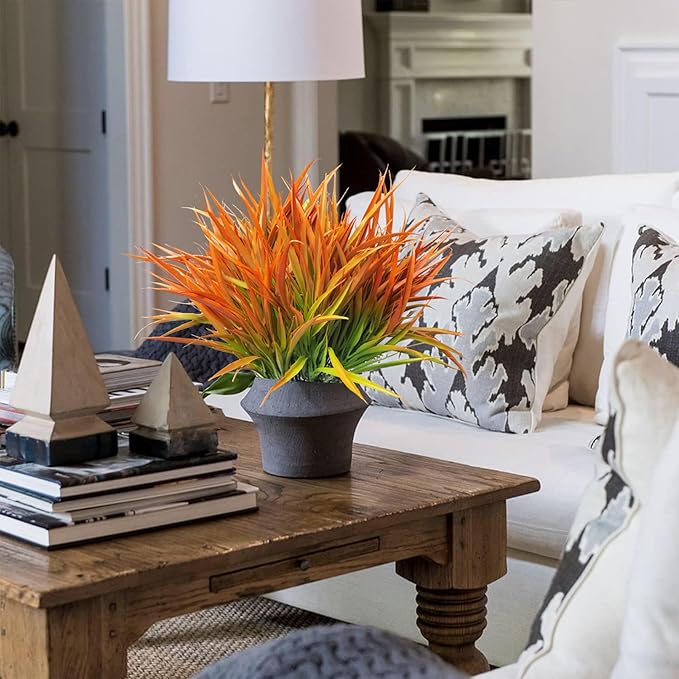 Outdoor Artificial Plants 8 Bundles Fake Plants Grass UV Resistant Fake Flowers Bush Greenery,17Inch Tall Faux Grass Shrubs for Home Porch Pathway Garden Décor Outside Indoor (Orange)