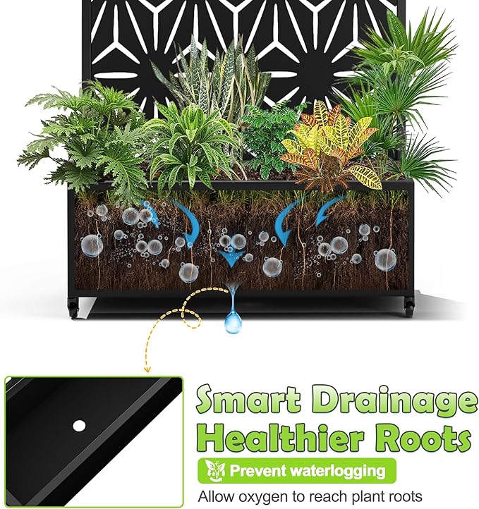 15.7"×70.9"×35.4" Metal Raised Garden Bed with Trellis and Wheels - Tall Trellis Planter Box for Climbing Plants, Vegetables & Vines - Outdoor Privacy Planters for Patio (Black-Star)