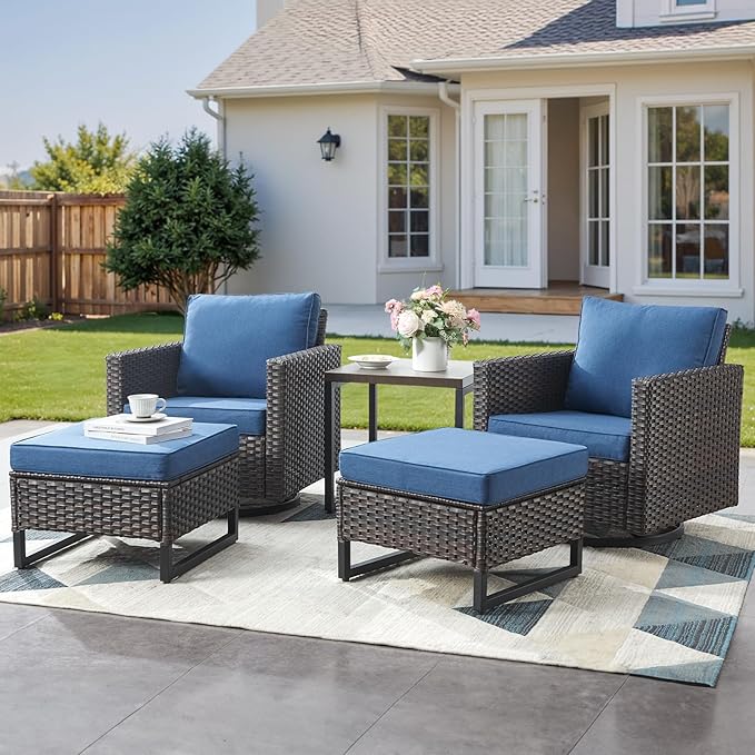 Patio Furniture Set with Swivel Chairs-5 Piece Outdoor Swivel Rocker Patio Chairs with Ottomans Rattan Side Table, Comfy Cushion Outdoor Furniture Set for Porch Deck Garden Backyard(Brown/Blue)