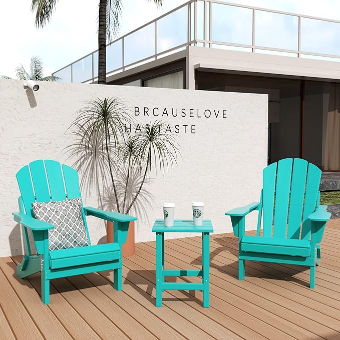 WO Home Furniture Adirondack Chairs Table Set of 3 PCS Outdoor Folding Chairs Side End Table Weather/UV Resistant for Lawn, Garden, Bon Fire, Balcony (Turquoise)
