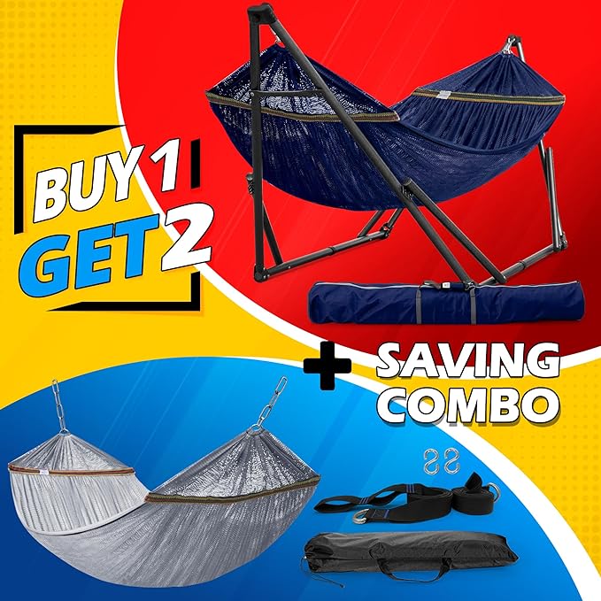 Tranquillo Combo x2 Hammocks with Stand for Outside & Tree Straps, Heavy Duty Hammock with Stand 600lbs for Indoor Outdoor Patio Backyard, x2 Hammocks for 2 Person, Portable Carrying Bags, Aegean