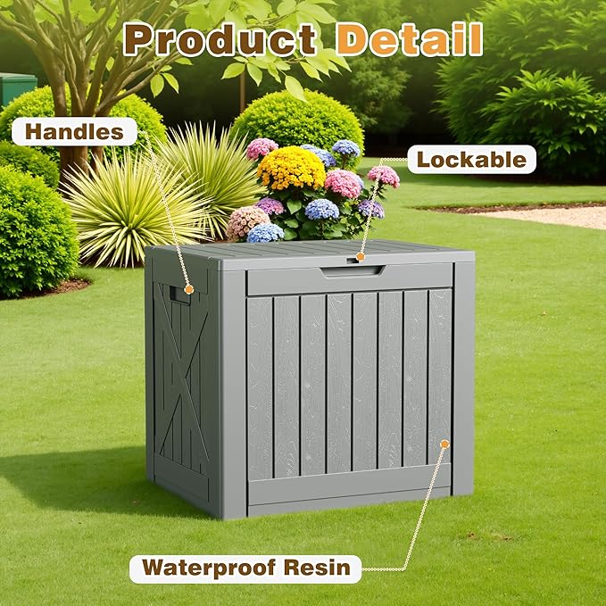 Flamaker Resin Deck Box 40 Gallon Waterproof Outdoor Indoor Storage Box Imitation Wood Resin for Patio Furniture Garden Tools and Pool (Gray)
