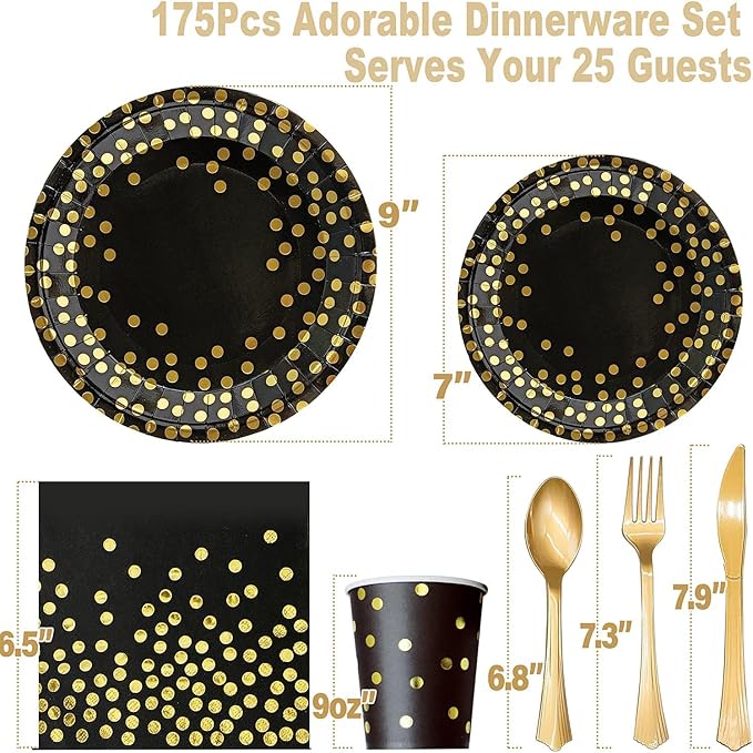 AIRE 175PCS Black Gold Paper Plates Party Supplies Dinnerware Sets for 25 Guests, Disposable Paper Party Plates, Dessert Plates, Cups, Napkins, Plastic Spoons, Forks, Knives for Wedding, Birthday