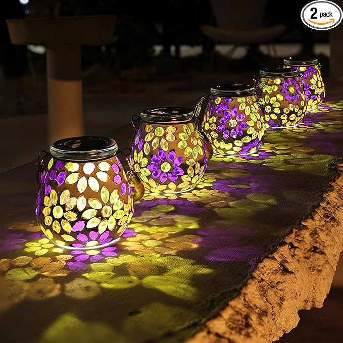 Cooo 2 Pack Mosaic Solar Lantern Outdoor Waterproof IP68 Hanging Projection Light Hidden Lid Pear-Shaped Lantern with Rope Handle Solar Powered Auto On for Patio Garden Fence Table -Petal Mirage