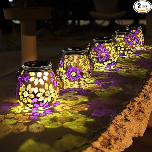 Cooo 2 Pack Mosaic Solar Lantern Outdoor Waterproof IP68 Hanging Projection Light Hidden Lid Pear-Shaped Lantern with Rope Handle Solar Powered Auto On for Patio Garden Fence Table -Petal Mirage