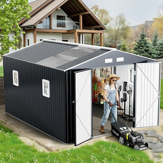 12x10 FT Metal Sheds & Outdoor Storage: Heavy Duty Garden Sheds with Dual Transparent Roof Panels, DIY-installable Windows & Lockable Doors, Weatherproof Tool Shed for Backyard, Garden, Patio, Grey