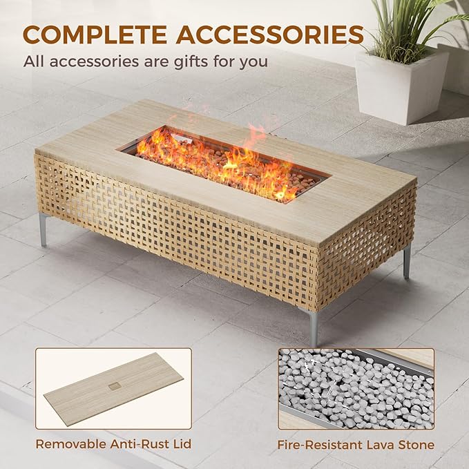 Grand patio 9-Piece Patio Furniture Set with 47" Fire Pit Table, Outdoor Conversation Set & 50,000 BTU 47 Inch Rectangle Propane Fire Pit & Storage Box with Water Resistant Thick Cushions, Cream