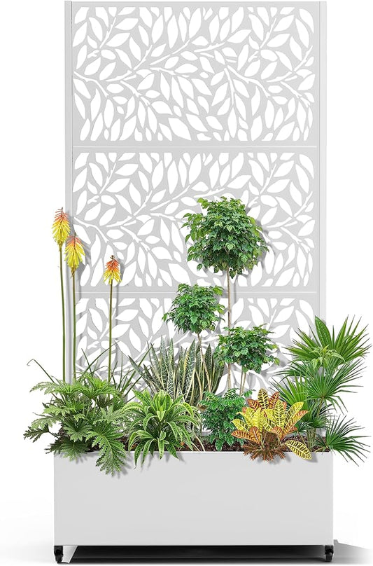 15.7"×70.9"×35.4" Metal Raised Garden Bed with Trellis and Wheels - Tall Trellis Planter Box for Climbing Plants, Vegetables & Vines - Outdoor Privacy Planters for Patio (White)