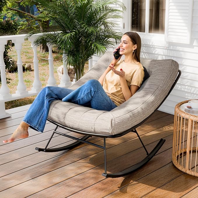 Bme Patio Rocking Chair Outdoor & Indoor, Metal Patio Lounge Rocking Chair with Thick Cushion, Comfy Modern Rocker Chair for Living Room, Porch, Backyard, Beige Cushion - Black Matte Rocker