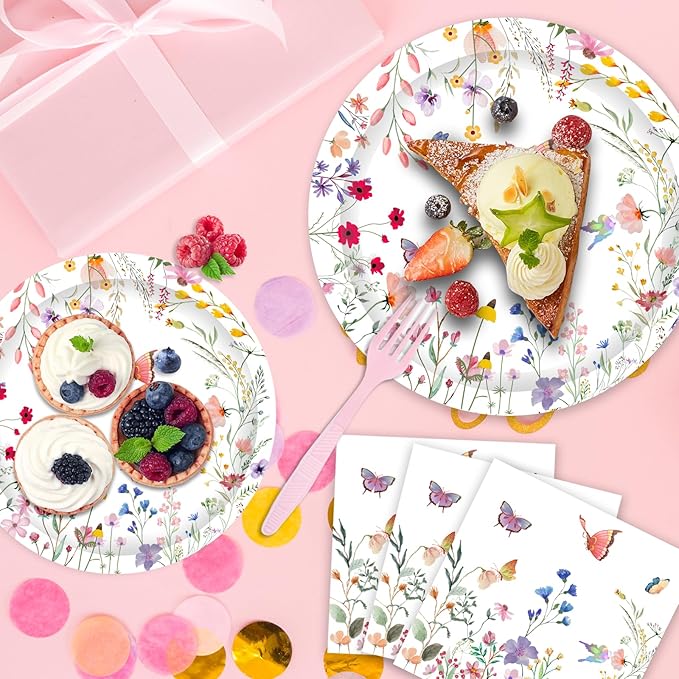 96PCS Wildflower Plates and Napkins Spring Floral Birthday Baby Shower Wedding Tableware Set Summer Floral Party Table Decorations Favors Serves 24 Guests