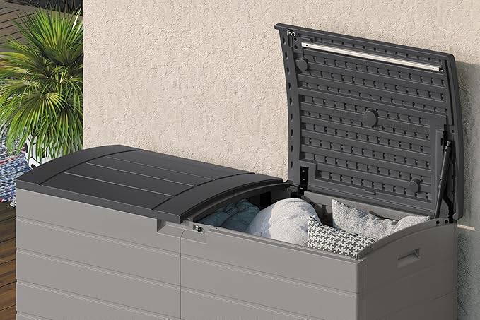 Suncast 120-Gal. All-Weather Patio Deck Box with Pad-Lockable Split Top Lid, Extra-Large Outdoor Storage Unit for Patio Furniture and Grill Tools, Made in the USA