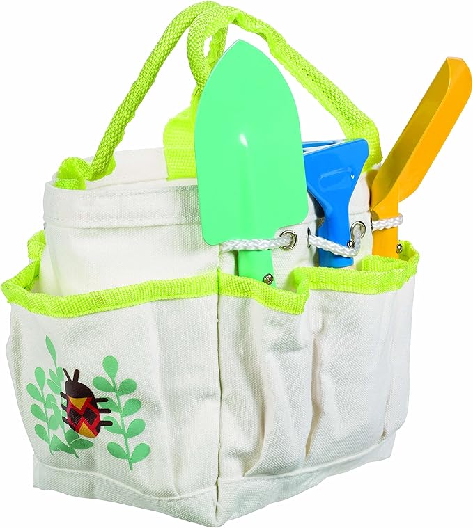 Beetle & Bee Kids Garden Tote Kit – Durable, Easy-to-Clean Gardening Tools Set - Includes Canvas Tote Bag, Hand Rake, Shovel & Trowel - Perfect Toddler Gardening Set