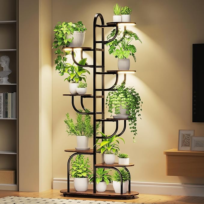 Arch Plant Stand Indoor | Large 8-Tiered Tall Plant Stand with Full Spectrum Grow Light | Corner Black Freestanding Display Shelf for Collectibles | Suitable for Living Room, Study, Entrance, Balcony