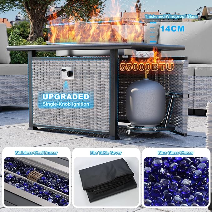 15-Piece Patio Furniture Set, Outdoor Patio Furniture with 55,000 BTU Fire Pit Table, Thick Cushions, Modular Patio Sofa, Dual-Strand Wicker Rattan, Rust-Resistant Frame, Grey