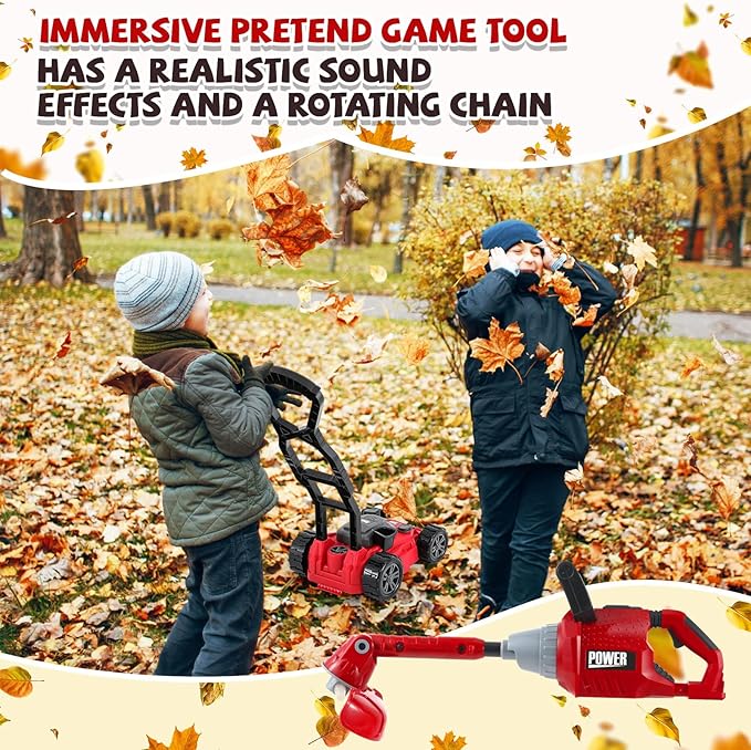 2 Pcs Toy Gardening Tool Set for Kids Toy Weed Trimmer, Push Lawn Mower Battery Powered Gardening Tool Set with Lights and Sounds Gift for Boys Girls