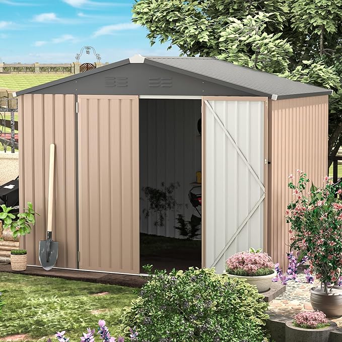 AECOJOY 8' x 6' Metal Storage Shed for Outdoor, Steel Backyard 6x8 Sheds & Outdoor Storage with Lockable Doors, Utility and Tool Storage for Garden, Backyard, Patio, Outside use