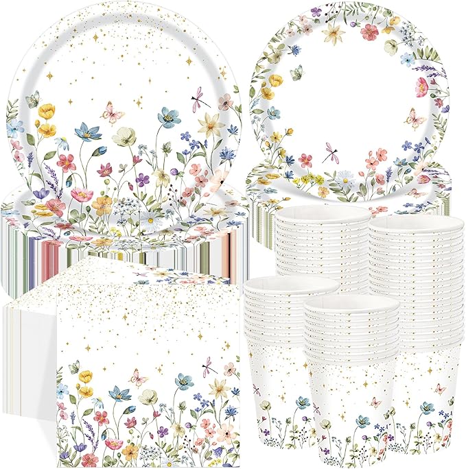 250 Pcs Wildflower Party Decorations Include Spring Summer Floral Paper Plates Napkins and Cups for Wildflower Baby Shower Tea Decorations, Serve 50 Guest (Colorful,Floral Style)