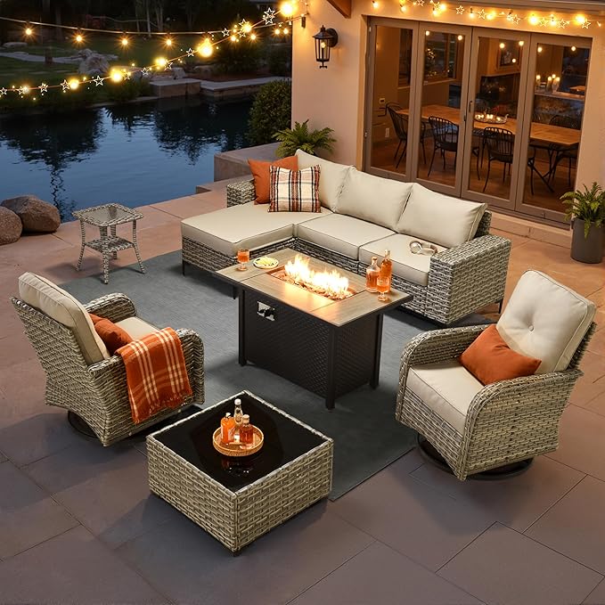 HOOOWOOO Outdoor Sectional Furniture Set with Fire Pit Table,9 Pieces Wicker Patio Conversation Sets,L Shape All Weather Outside Couch Sofa Set with Swivel Chairs Ottoman,Beige