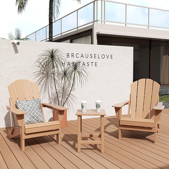 WO Home Furniture Adirondack Chairs Table Set of 3 PCS Outdoor Folding Chairs Side End Table Weather/UV Resistant for Lawn, Garden, Bon Fire, Balcony (Teak)