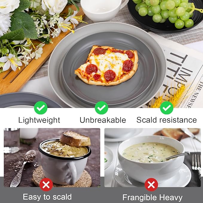 Rubtlamp 24Pcs Kitchen Plastic Wheat Straw Dinnerware Set,Dinnerware Sets for 6,Microwave Dishwasher Safe Plates, Unbreakable Reusable Plastic Wheat Straw Bowls & Plate for Camping