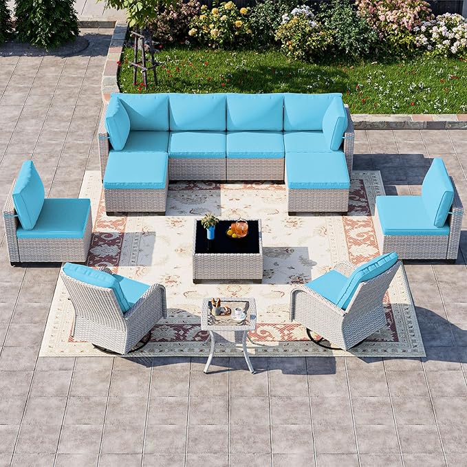 12-Piece Patio Furniture Set, Outdoor Patio Furniture with Swivel Chairs Set, Ottomans, Modular Patio Sofa, Dual-Strand Wicker Rattan, Rust-Resistant Frame, Lake Blue