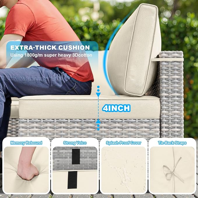 17-Piece Patio Furniture Set, Outdoor Patio Furniture with Swivel Chairs Set, Thick Cushions, Modular Patio Sofa, Dual-Strand Wicker Rattan, Rust-Resistant Frame, Ivory