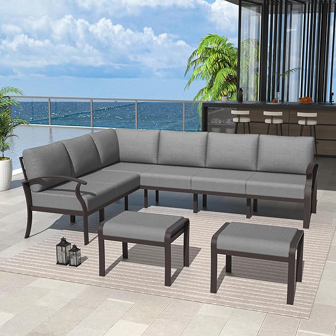 Kurapika Patio Furniture Set 8-Piece Aluminum Sectional Sofa with Armrest, Modern Outdoor Conversation Set, Metal Corner Sofa with Ottoman, Grey