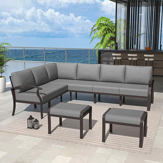 Kurapika Patio Furniture Set 8-Piece Aluminum Sectional Sofa with Armrest, Modern Outdoor Conversation Set, Metal Corner Sofa with Ottoman, Grey