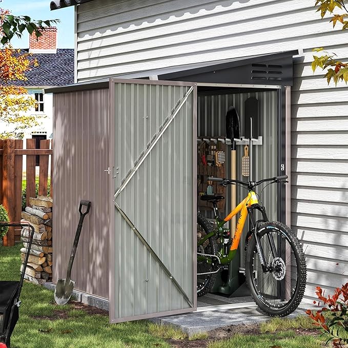 Aoxun 4x6 FT Lean to Shed Garden Metal Storage Shed with Lockable Doors Outdoor Bike Shed for Backyard, Patio, Poolside (Brown)