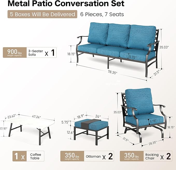 6 Piece Metal Outdoor Patio Furniture Set, Patio Conversation Set 3-seater Sofa, 2 Rocking Chair, 2 Ottomans with 5.75" Thick Cushion and Coffee Table, Black Backyard Furniture, Blue-2