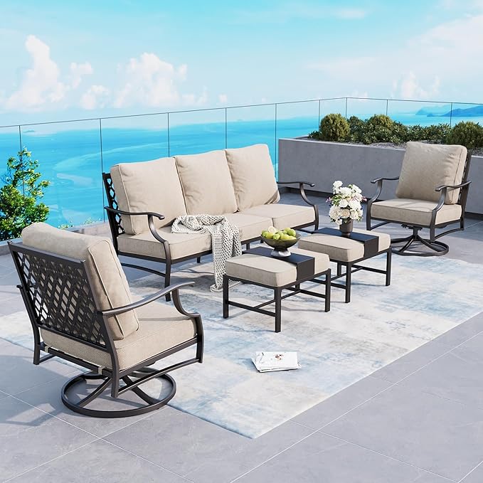 Patio Furniture Set, Modern Metal Outdoor Patio Furniture, 3 Seater Sofa, 2 Swivel Chairs, 2 Ottomans and 5.75" Extra Thick Cushion, Patio Conversation Set for Garden Backyard Deck
