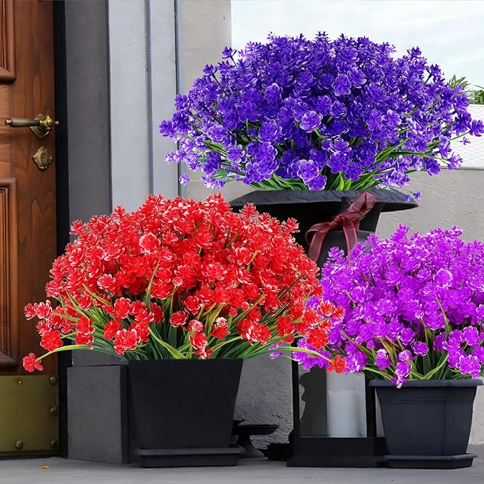 Artificial Flowers Outdoor UV Resistant Fake Plants Indoor Outside Hanging Planter Home Garden Decor, 16 Bundles (Red-Daffodil)