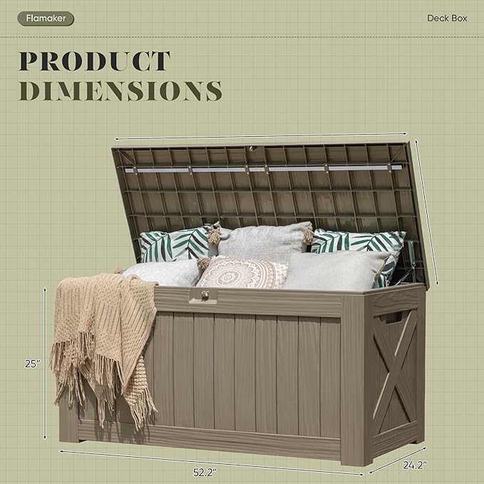 Flamaker Resin Deck Box 120 Gallon Waterproof Large Outdoor Indoor Storage Box Imitation Wood Resin for Patio Furniture Garden Tools and Pool (Brown)