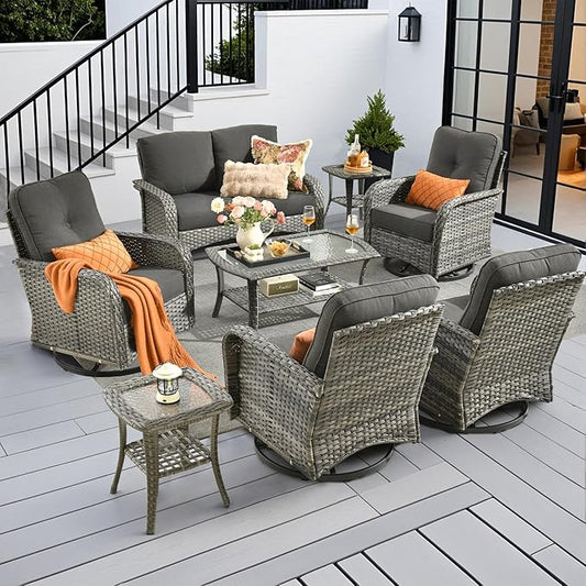 8-Piece Wicker Patio Furniture Set, All-Weather Rattan Conversation Bistro Loveseat Chair and Patio Rockers Set for Backyard, Balcony and Deck with Soft Cushions and Metal Table(Black)