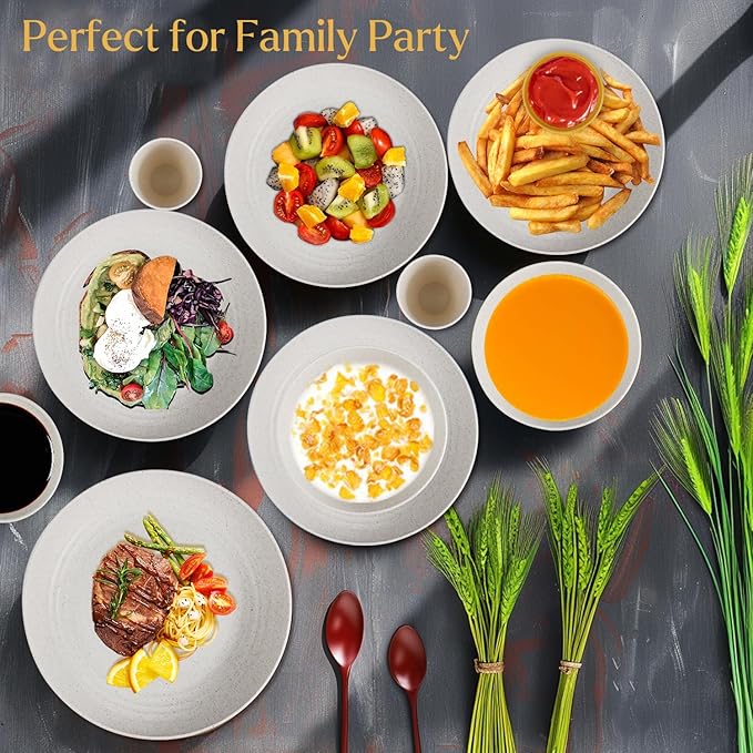 Wrova Wheat straw bowl and plate sets of 16 with cups - Unbreakable plastic dinnerware sets for kitchen - Microwave and Dishwasher safe dishes for kitchen,camping,indoors and out doors. White