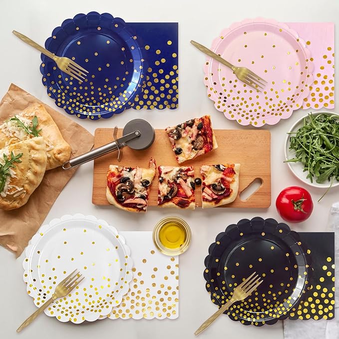 White and Gold Paper Plates and Napkins,7 Inch White and Gold Scalloped Disposable Dessert Plates Paper Napkin Fork Party Supplies for Wedding Baby Shower Birthday(25 Guest)