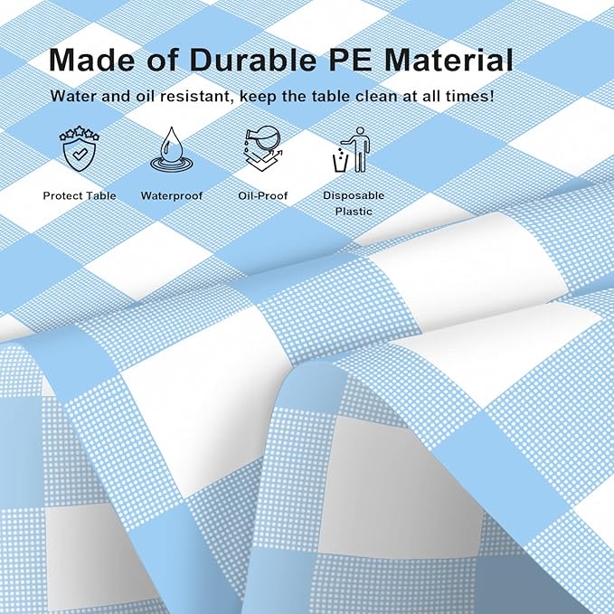 6 Pack Blue and White Checkered Tablecloth, Blue Plastic Table Cloths for Parties Disposable, 54 x 108 inch Waterproof Rectangular Blue Gingham Camping Tablecloth for Birthday, Party, Picnic