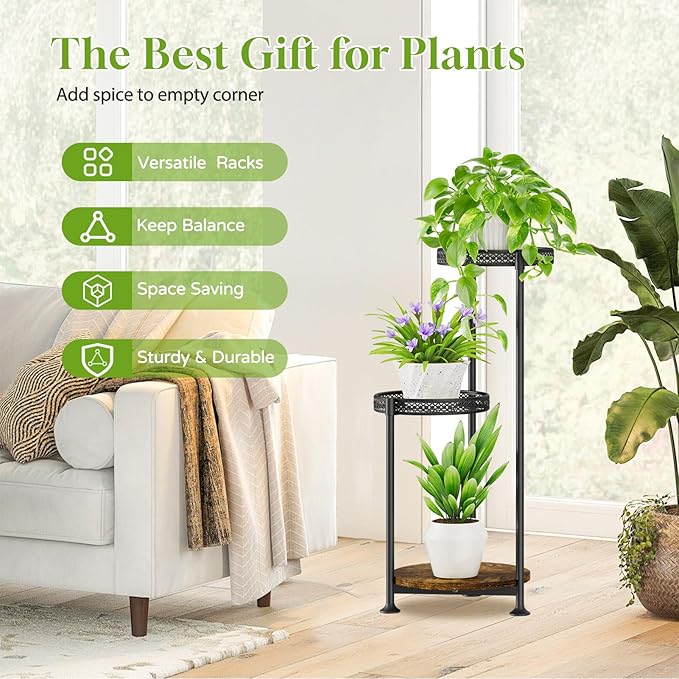 Plant Stand Indoor Outdoor Clearance, 3 Tier Metal Flower Shelf Pot Holder, Tall Multiple Plants Corner Rack Narrow House Orchid Display Organizer for Patio Office Porch Living Room Garden, Black