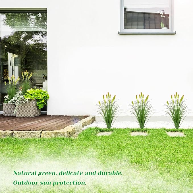 Artificial Grass Plants Outdoor 12 Bunches Fake Onion Grasses with Plush Fake Shrubs Plant Flowers Faux Greenery Wheat Sea Grass for Outside Garden Indoor House Home Office Room Décor (Green & Red）