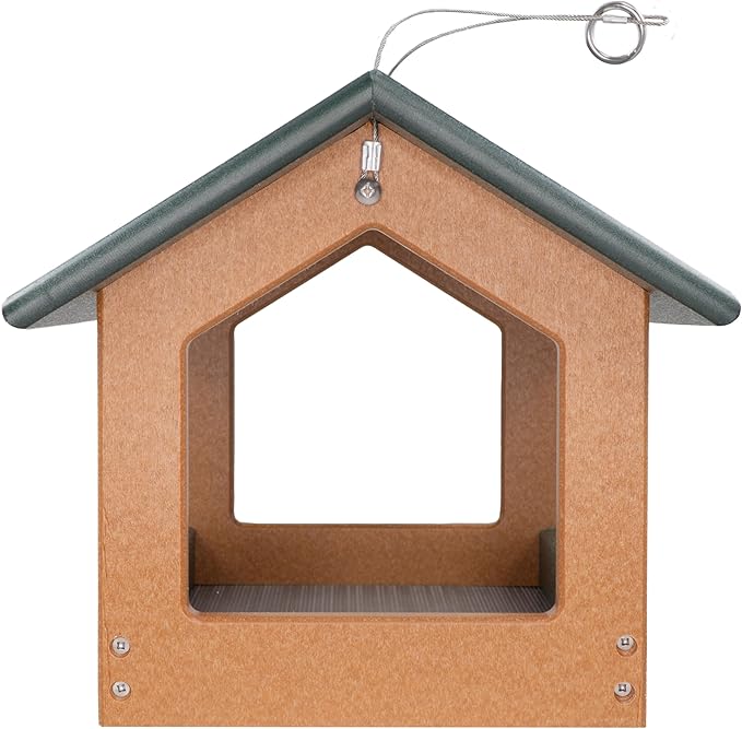 DutchCrafters Amish USA Made Recycled Plastic Large Hanging Modern Fly Through Covered Roof Open Platform Tray Bird Feeder for Outdoors, Garden, Yard (Turf Green & Bright Cedar)