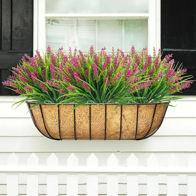 12 Bundles Artificial Plants Outdoor, 18.2" UV Resistant Faux Monkey Grass Greenery Stems No Fade Faux Plastic Flowers Shrubs for Home Weddings Garden Porch Front Patio Office Decor - Rose Red