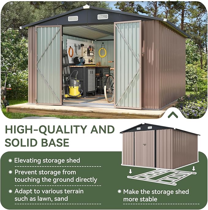Aoxun 10 x 12FT Outdoor Storage Shed with Base Utility Garden Shed with Lockable Door & Sloped Roof Metal Sheds Outdoor Storage for Garden, Backyard, Patio and Backyard,（Brown/Base Included）