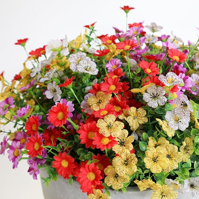 Artificial Outdoor Flowers 12 Bundles Spring Summer Silk Fake Plants Colorful Outside Realistic Wild Flower Plants Vibrant Durable Perfect Front Porch Planter Decoration (Multi Colour 1#)