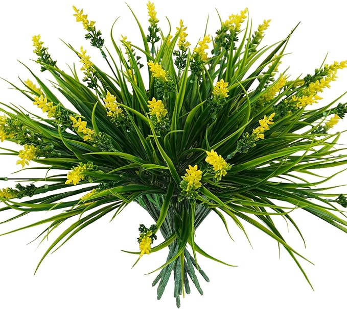 12 Bundles Artificial Plants Outdoor, 18.2" UV Resistant Faux Monkey Grass Greenery Stems No Fade Faux Plastic Flowers Shrubs for Home Weddings Garden Porch Front Patio Office Decor - Yellow