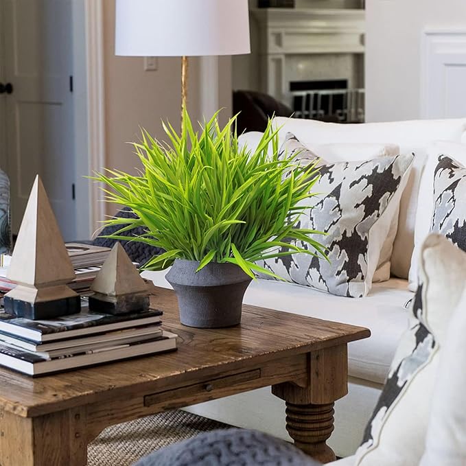 Outdoor Artificial Plants 8 Bundles Fake Plants Grass UV Resistant Fake Flowers Bush Greenery,17Inch Tall Faux Grass Shrubs for Home Porch Pathway Garden Décor Outside Indoor (Green)