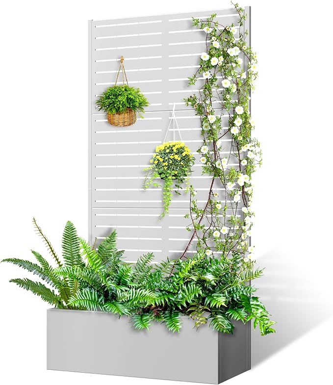 Metal Planter Box with Trellis, Raised Garder Bed with Drainage Hole, Privacy Screen & Trellis for Climbing Plants, Outdoor Plant Stands, 35''L×16''W×71''H, White