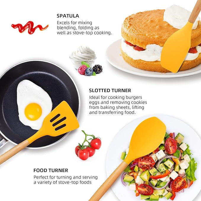 Silicone Cooking Utensils, 12 Pcs Kitchen Utensil Set 446°F Heat Resistant,Turner Tongs Spatula Spoon Brush Whisk with Wooden Handles, Blue Kitchen Gadgets Tools Set for Nonstick Cookware (BPA Free)