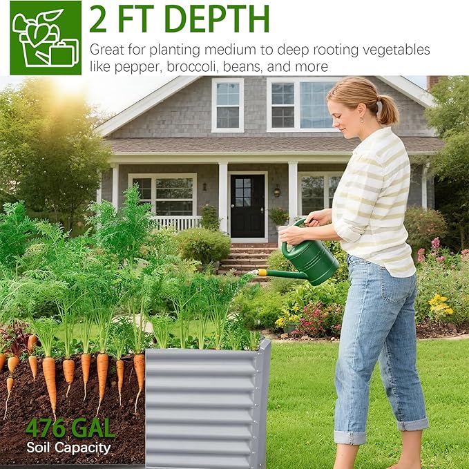8x4x2ft Galvanized Raised Garden Bed, Planter Raised Garden Boxes Outdoor, Large Metal Raised Beds for Gardening, Garden Bed for Vegetables, Flowers, Herb, Silver