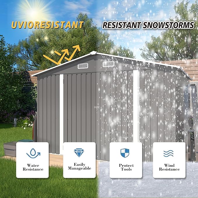 10x8x6.4FT Outdoor Storage Shed, Galvanized Steel Garden Shed with Lockable Door & Window, Waterproof Metal Tool Storage for Garden, Backyard, Patio, Lawn(Grey)