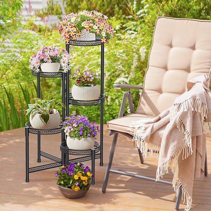 iDavosic.ly Plant Stand Indoor Outdoor, 5 Tier Corner Metal Flower Display Holder Shelf, Folding Tall Orchid Rack for Patio Balcony Porch Garden Living Room House, Wrought Iron - Modern Black